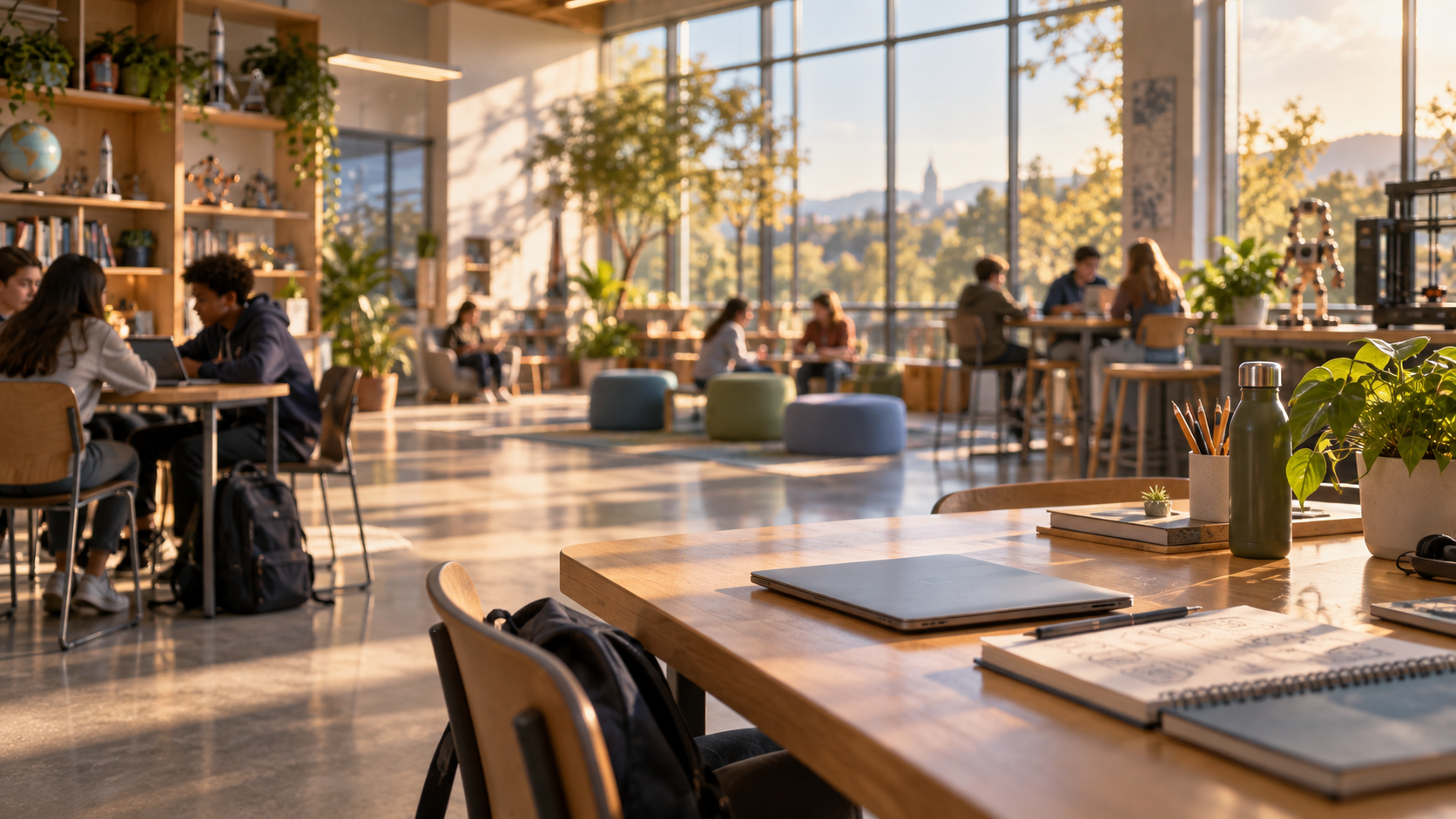 A bright, sunlit learning space with students working at tables